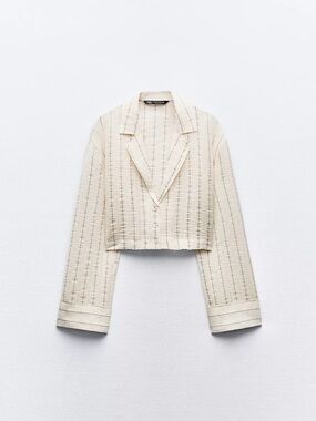 Zara Cream Wrinkle Effect Striped Linen-Blend Shorts Set